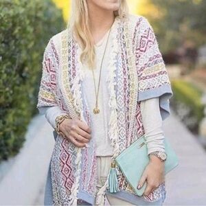 CAbi Fringe Trim Knit Oversized Poncho Sweater Med/Lg Boho Coastal